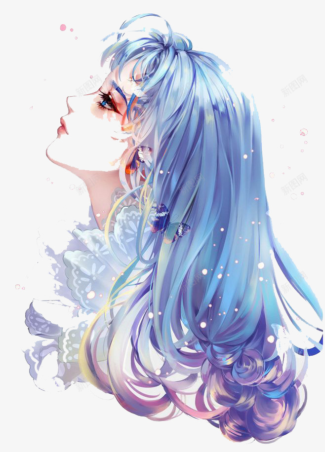 彩色女孩png免抠素材_新图网 https://ixintu.com 卡通 女孩 彩色 手绘 水彩 蓝色 装饰 长发