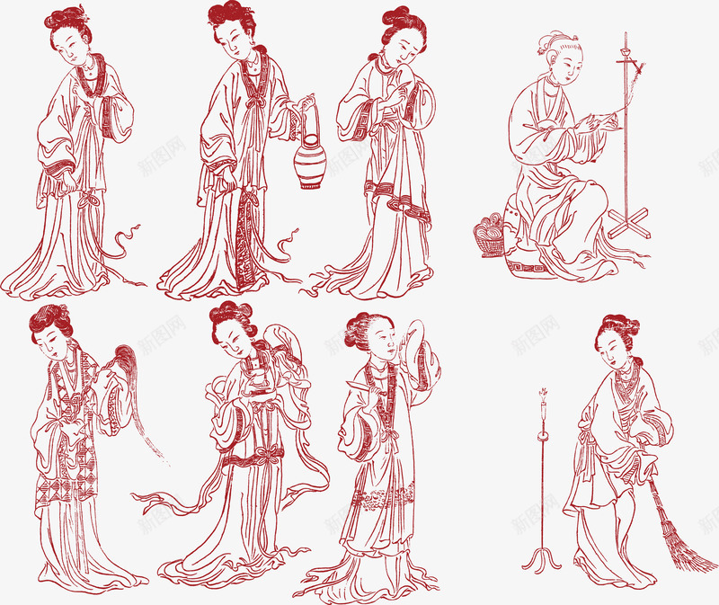 红色线描仕女矢量图eps免抠素材_新图网 https://ixintu.com 仕女图 古代仕女图 图书插图 矢量图 红色 红色矢量 线描 装饰 装饰矢量