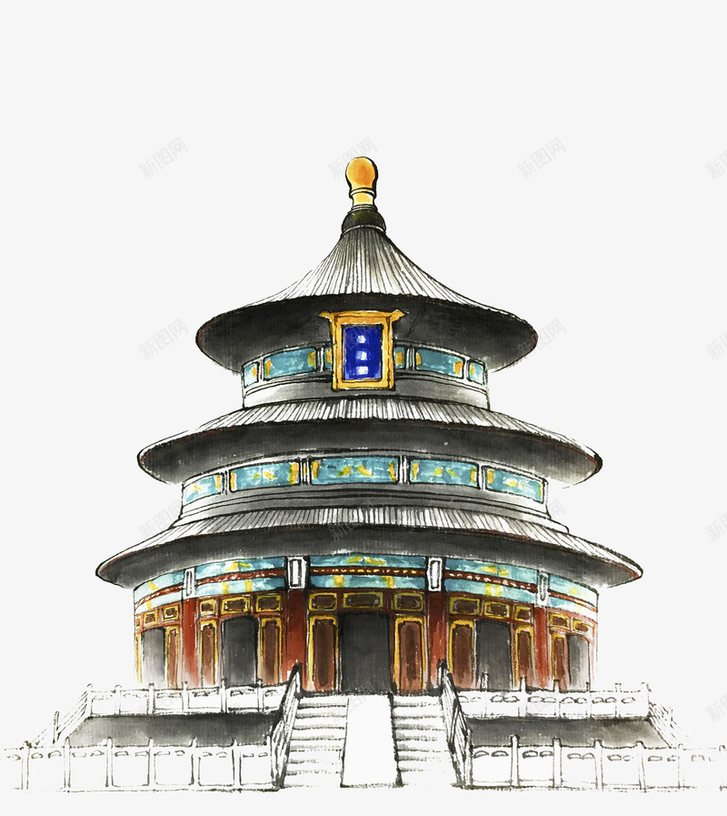 手绘水彩插图中国寺庙png免抠素材_新图网 https://ixintu.com 中国风寺庙 建筑 手绘 手绘古典建筑 手绘插图 水彩