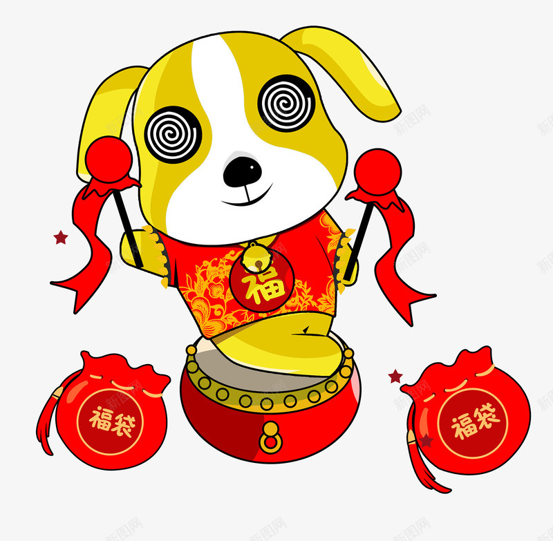 红色中国风敲鼓小狗png免抠素材_新图网 https://ixintu.com 中国风小狗 敲鼓小狗 新年 新春 春节 福字 福袋