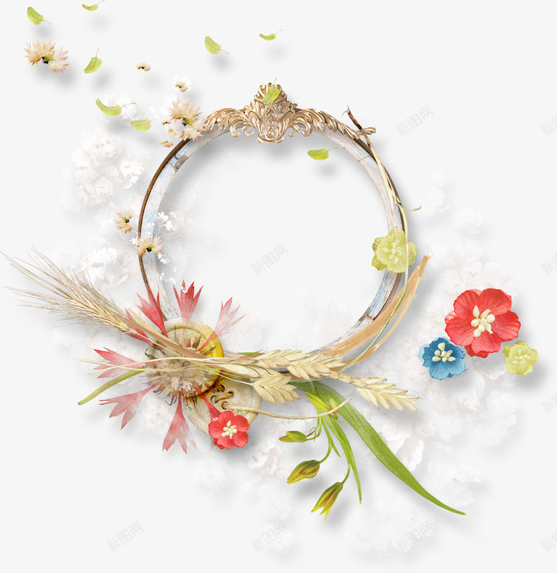 花枝枯草圆环相框png免抠素材_新图网 https://ixintu.com 叶子 圆环 圆环相框 枯草 树叶 相框 花朵 花枝 装饰花朵