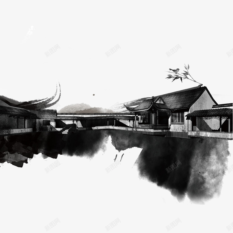 水墨江南png免抠素材_新图网 https://ixintu.com 中式建筑 房屋 新图网 水墨 水墨风 江南 江南民宿