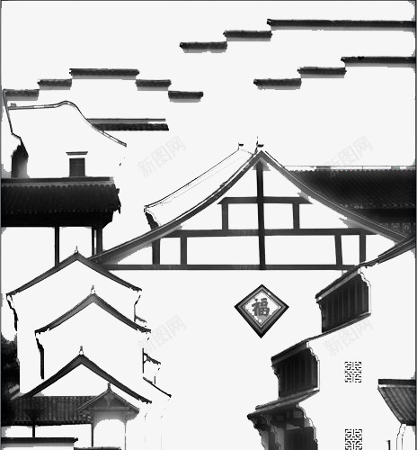 徽州建筑水墨简图png免抠素材_新图网 https://ixintu.com 中国风 建筑 徽州 徽文化 水墨 简图