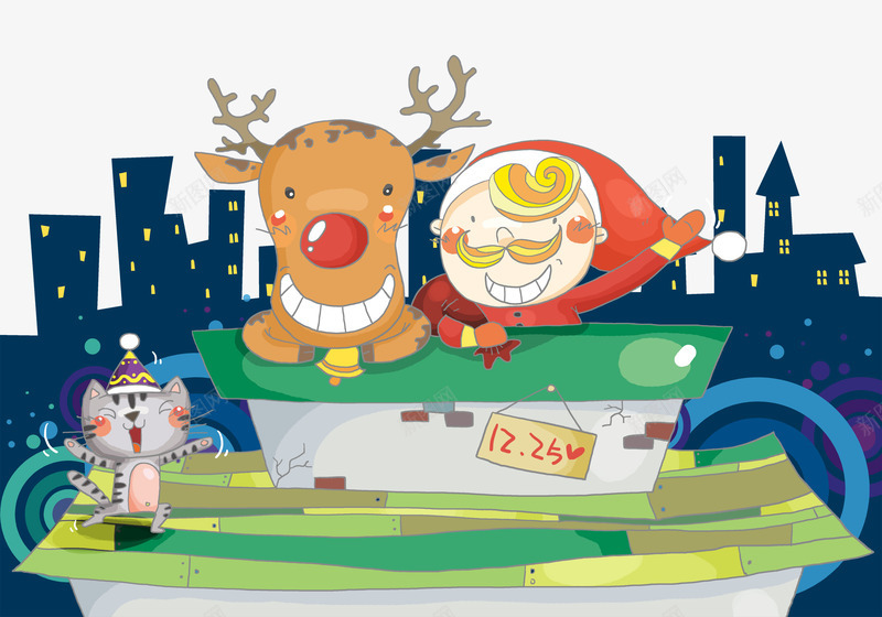 圣诞老人与麋鹿psd免抠素材_新图网 https://ixintu.com 圣诞老人 开心 楼 猫 麋鹿