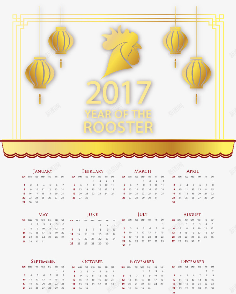 金色中国风2017日历矢量图eps免抠素材_新图网 https://ixintu.com 2017年 中国风 公鸡 日历 矢量素材 金色 矢量图