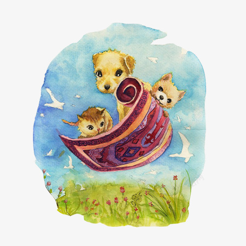 猫狗做飞毯趣味手绘画png免抠素材_新图网 https://ixintu.com 水彩手绘 草地 飞天 飞毯 黄色猫狗