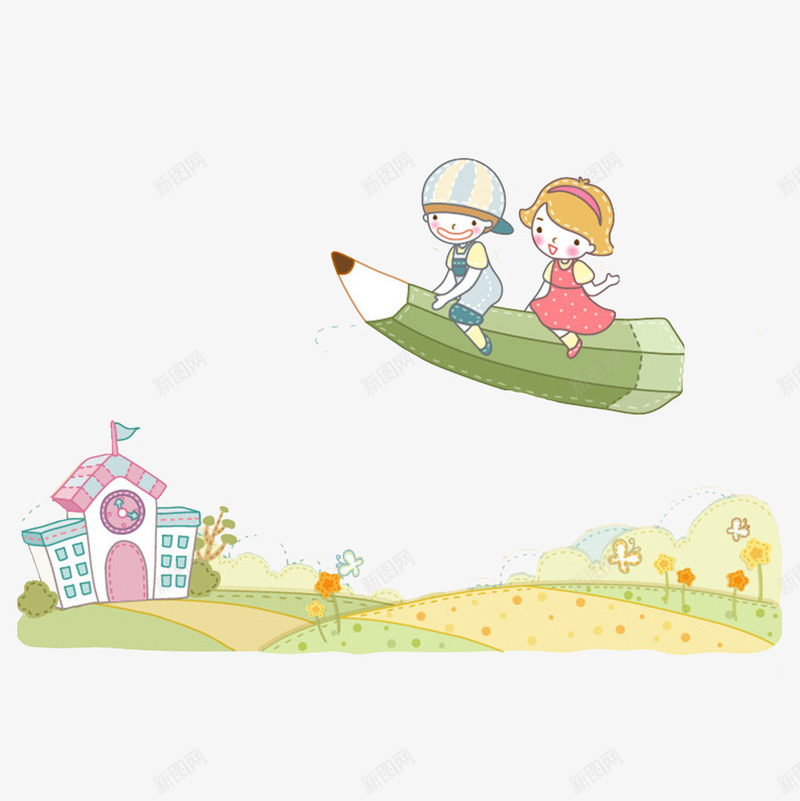 男孩女孩飞天png免抠素材_新图网 https://ixintu.com 学校 童话 花朵 铅笔 青青草地
