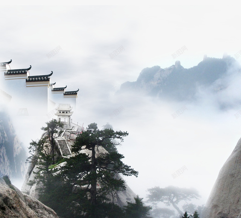 中国风psd免抠素材_新图网 https://ixintu.com 中国风素材 复古建筑 山峰 山水画 松树 水墨画