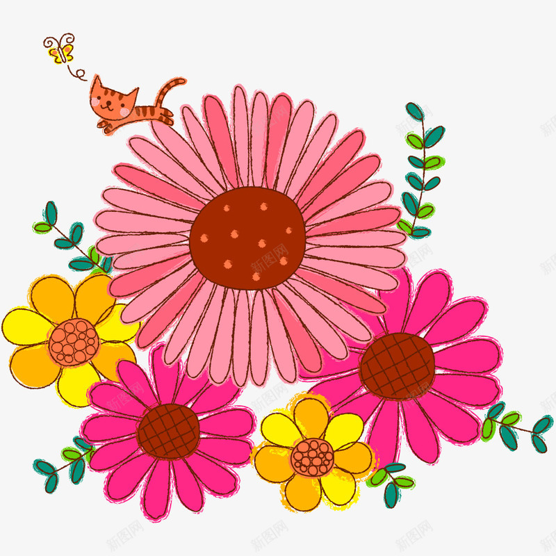 卡通花朵png免抠素材_新图网 https://ixintu.com 小猫 红花 花 花儿 花卉 花朵