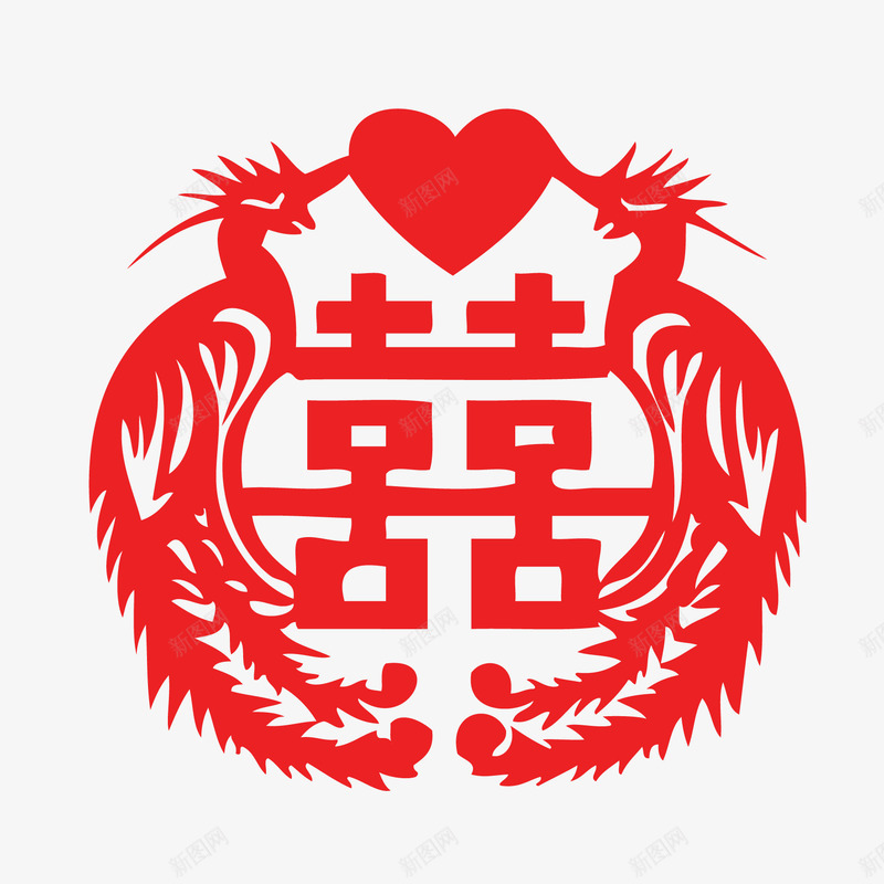 喜字红色剪纸png免抠素材_新图网 https://ixintu.com 凤凰 凤凰纹饰 喜字 婚庆 红色剪纸
