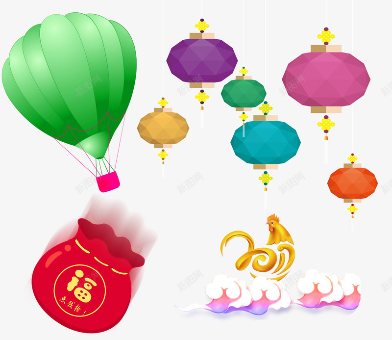 彩色扁平化灯笼png免抠素材_新图网 https://ixintu.com 彩色灯笼 祥云 福袋 绿色热气球 金色公鸡
