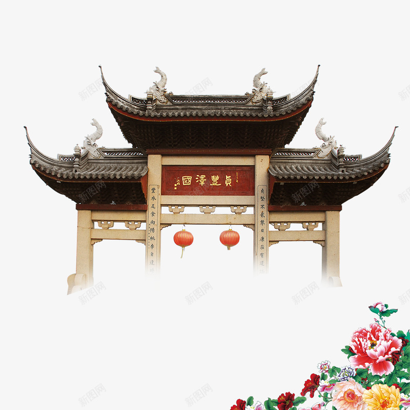 黑色中国风海报装饰png免抠素材_新图网 https://ixintu.com 中国建筑 中国风 国风 海报 灰色 红花 节日 装饰 黑色