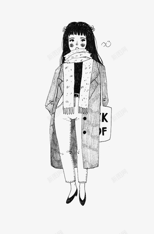 二次元少女png免抠素材_新图网 https://ixintu.com 冬天 卡通女孩 围巾 大衣 线条 黑白