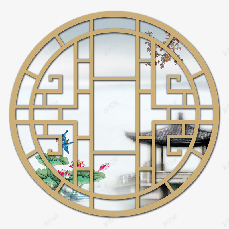木质圆窗png免抠素材_新图网 https://ixintu.com 古代圆窗背景 古风圆窗 木头 木质 池塘 窗户 荷花 风景