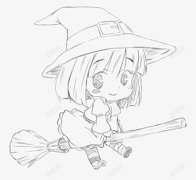 魔法女孩骑扫把png免抠素材_新图网 https://ixintu.com 可爱女孩 线稿 骑扫把 魔法女孩