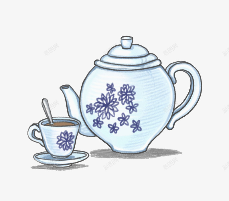 蓝色水壶png免抠素材_新图网 https://ixintu.com 中国风 杯具 杯子 水壶 水彩 沏茶 花纹 茶具 茶壶