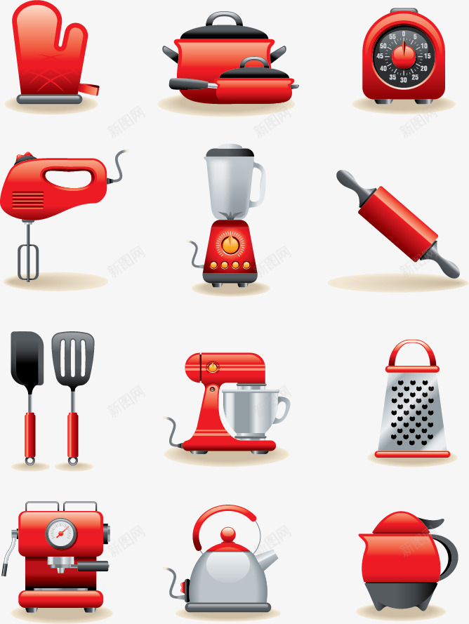 厨房用具图标png_新图网 https://ixintu.com 厨房用具图标矢量图下载手套饭锅厨具烧水壶时钟咖啡机搅拌棒厨房用具