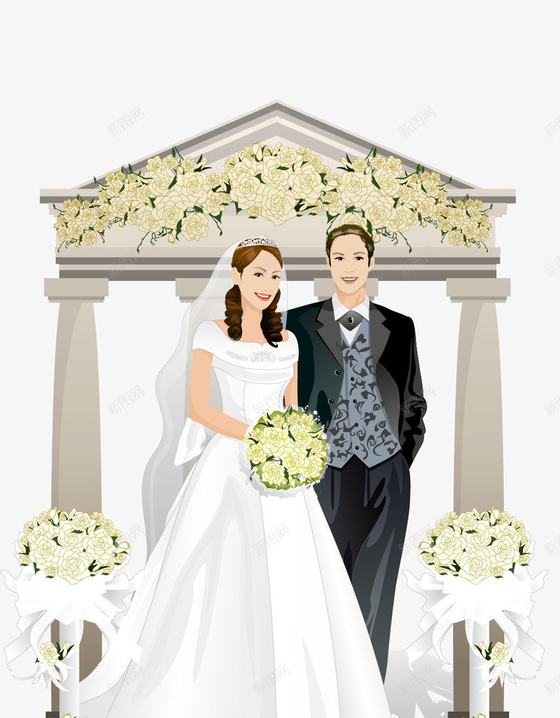 新郎新娘白色花朵婚纱照png免抠素材_新图网 https://ixintu.com 婚庆 婚纱照素材 新郎新娘 新郎新娘白色花朵婚纱照矢量素材 白色花朵
