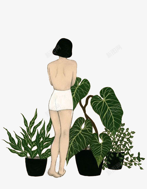 卡通女生背影png免抠素材_新图网 https://ixintu.com 害羞 盆栽 绿色植物 背影