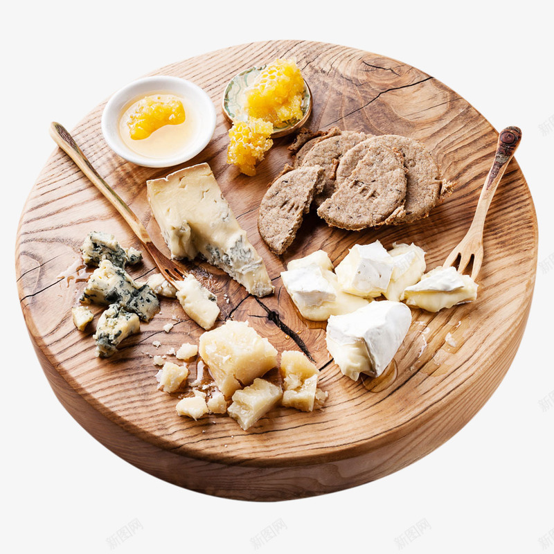 圆形木板上的饭菜png免抠素材_新图网 https://ixintu.com 木制叉子 砧板 食材