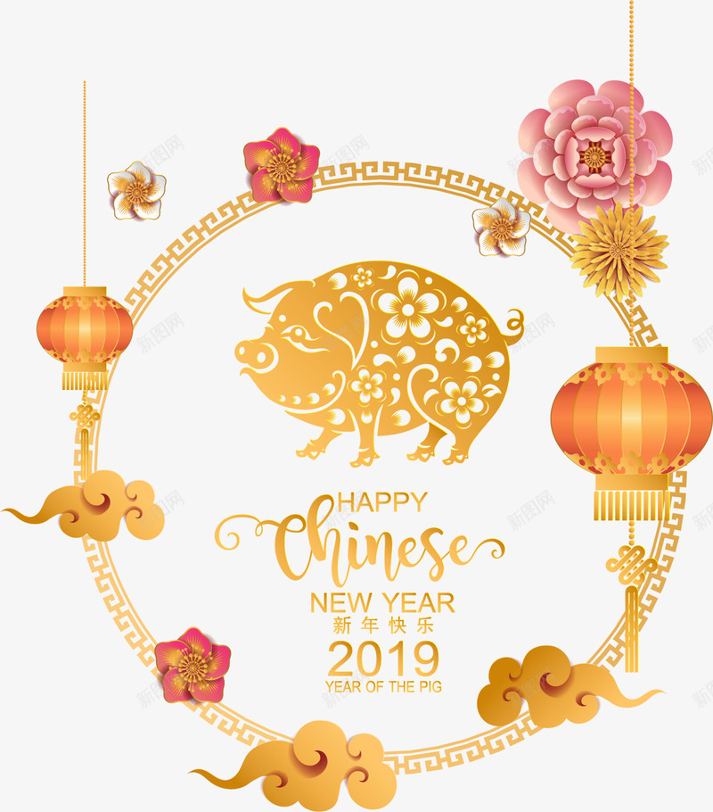 2019猪年喜庆中国年矢量图ai免抠素材_新图网 https://ixintu.com 2019 中国年 中国风装饰 喜庆 灯笼 牡丹花 猪年 金色 矢量图