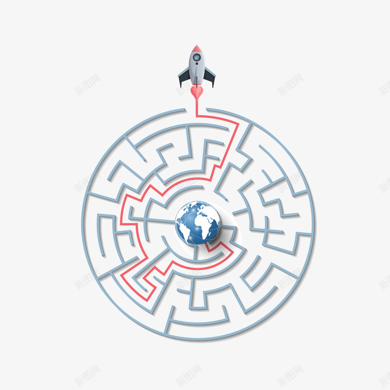 商务卡通迷宫火箭png免抠素材_新图网 https://ixintu.com 卡通火箭 卡通迷宫 商务 圆形迷宫 地球 背景装饰