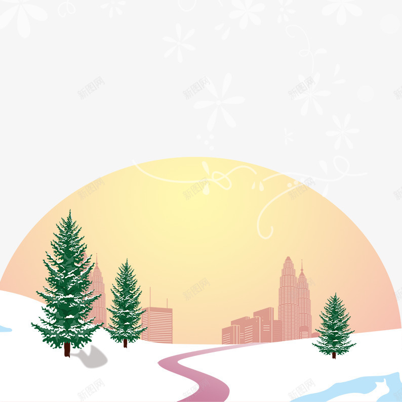 太阳升起来了psd免抠素材_新图网 https://ixintu.com 下雪 冬天 卡通 圣诞树 城市 太阳 寒冷 景色 白色 结冰 绿色 道路 雪景 雪花 黄色