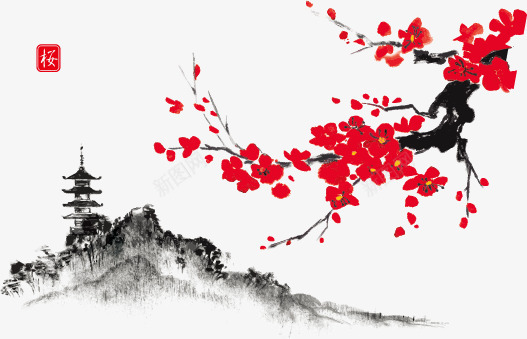 中国风海报矢量图ai免抠素材_新图网 https://ixintu.com 中国风 传统 古寺 国画 山景 梅花 水墨 绘画 矢量图