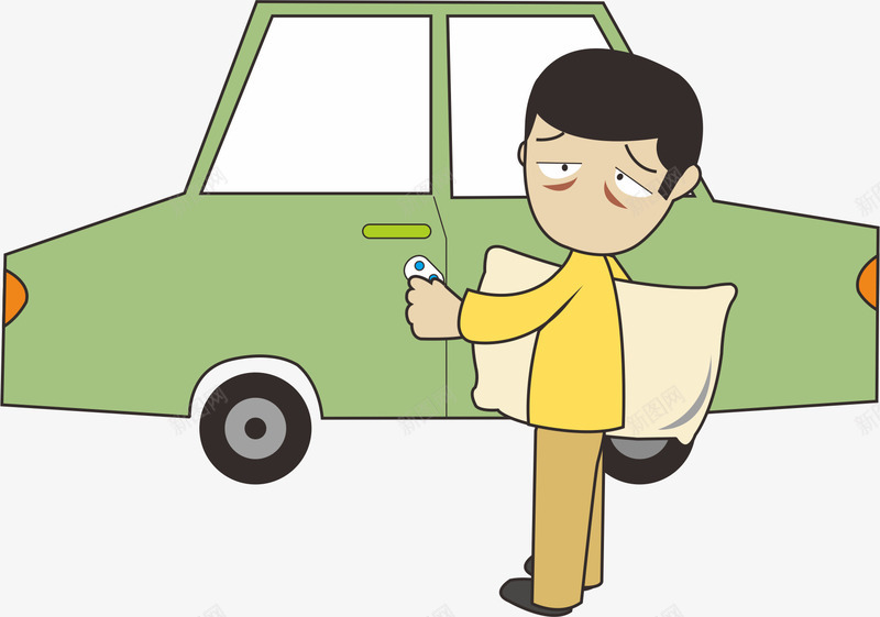 疲劳驾驶png免抠素材_新图网 https://ixintu.com 交通安全 交通安全海报 卡通人 枕头 汽车 疲劳驾驶