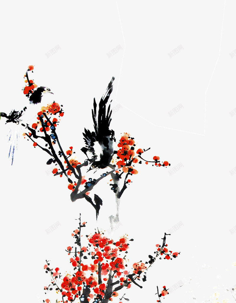 水墨画桃花png免抠素材_新图网 https://ixintu.com 喜鹊 水墨画 花卉
