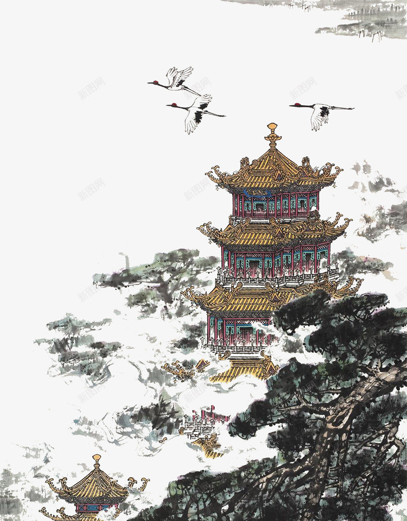 国画黄鹤楼和仙鹤png免抠素材_新图网 https://ixintu.com 中国画 中国风 亭阁 仙鹤 国画 意境 设色 黄鹤楼