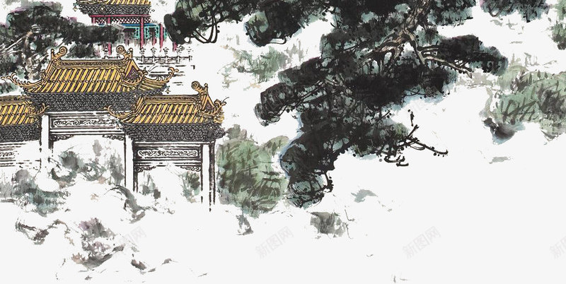 国画黄鹤楼和仙鹤png免抠素材_新图网 https://ixintu.com 中国画 中国风 亭阁 仙鹤 国画 意境 设色 黄鹤楼