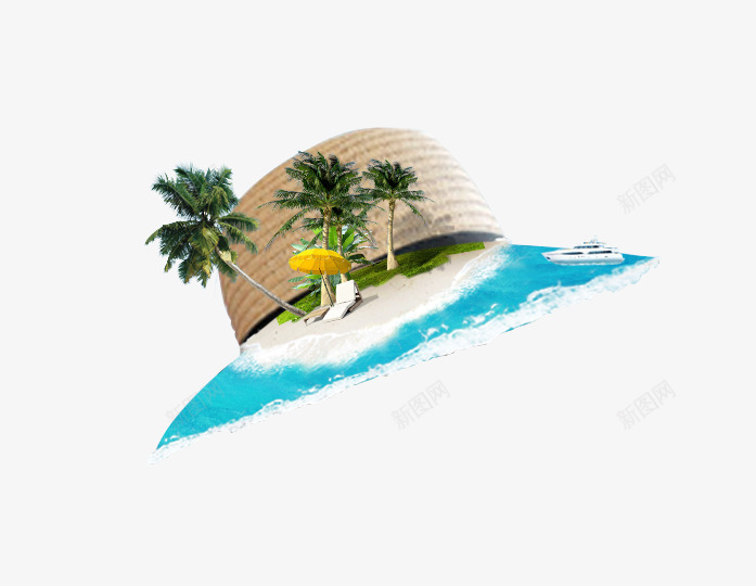 帽子png免抠素材_新图网 https://ixintu.com 夏天 大海 帽子 椰树 游艇 绿地 草帽 蓝色 遮阳伞