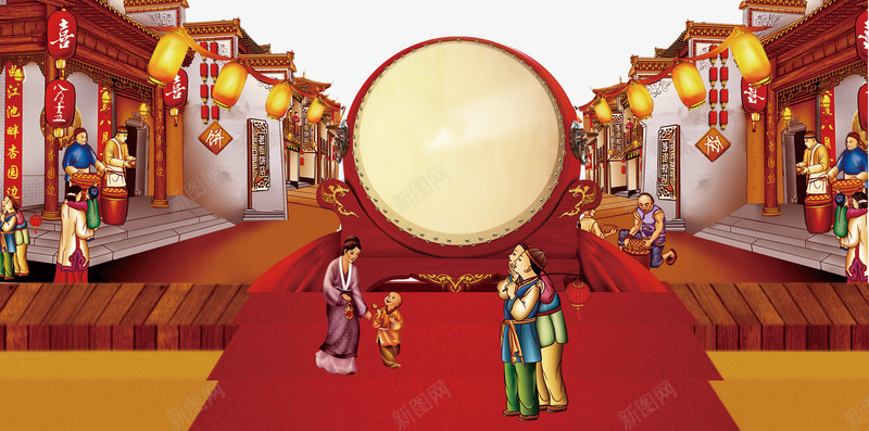 新年传统背景psd分层图png免抠素材_新图网 https://ixintu.com 喜迎新年 大鼓 年货大街 手绘古街 新年传统背景 新年古典人物 欢庆佳节 欢度春节