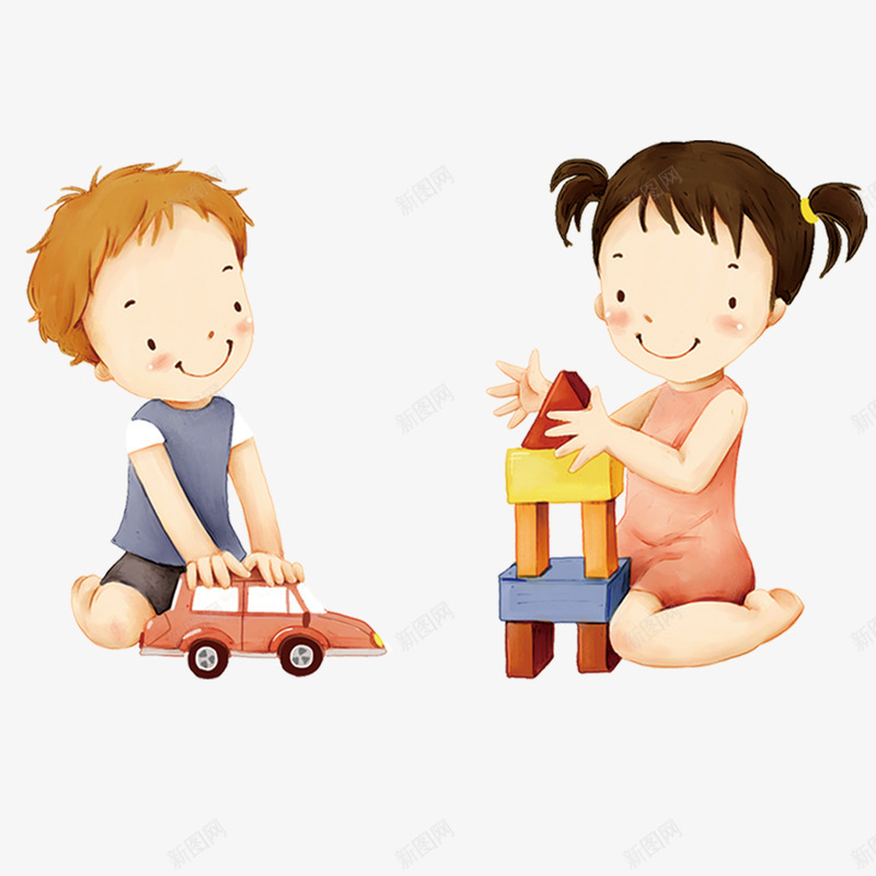 卡通玩积木png免抠素材_新图网 https://ixintu.com 卡通 拼积木 汽车 玩耍 男孩女孩 积木