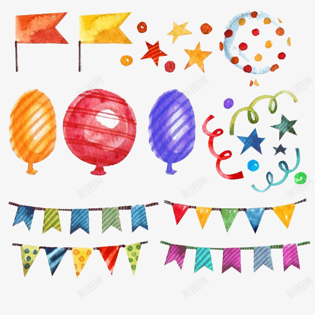 水彩生日装饰套png免抠素材_新图网 https://ixintu.com 五颜六色 幸福 庆典 手 星星 纸屑