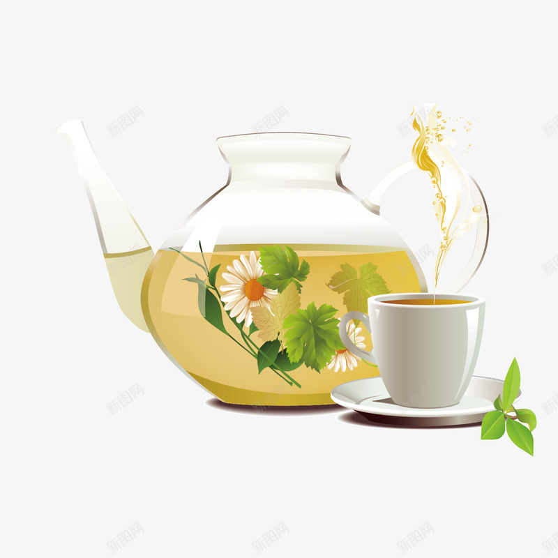 品尝香气扑鼻的花茶矢量图eps免抠素材_新图网 https://ixintu.com 下午茶 健康 养生 喝东西 喝茶 花朵 菊花 诱人 青草 香气扑鼻 矢量图
