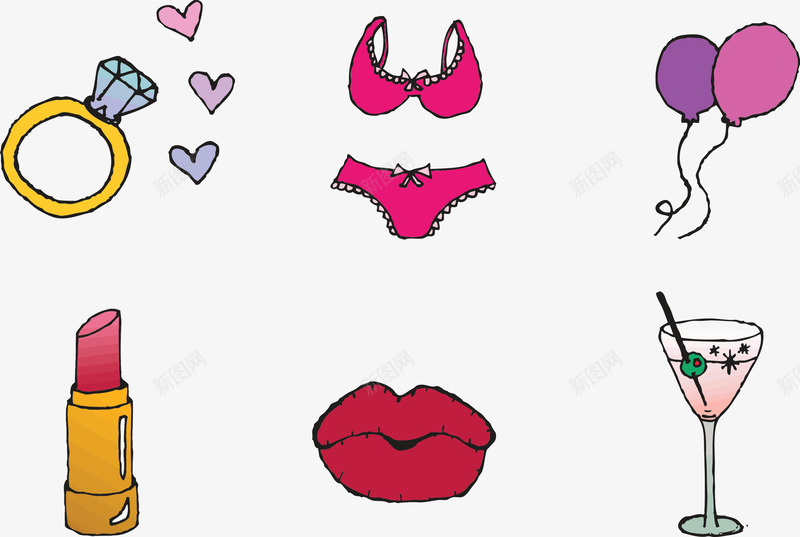 女生用品矢量图ai免抠素材_新图网 https://ixintu.com 内衣 口红 红色 钻戒 饮料 矢量图