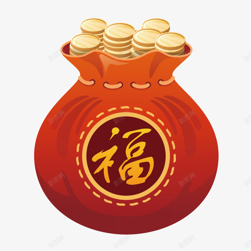 装着金币的福袋png免抠素材_新图网 https://ixintu.com 卡通 矢量元素 福袋 金币