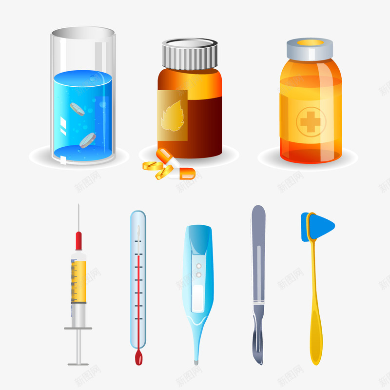 医疗用品矢量图ai免抠素材_新图网 https://ixintu.com 体温表 医疗 手绘镊子 注射器 消毒水 温度计 用品 矢量图 药水 镊子