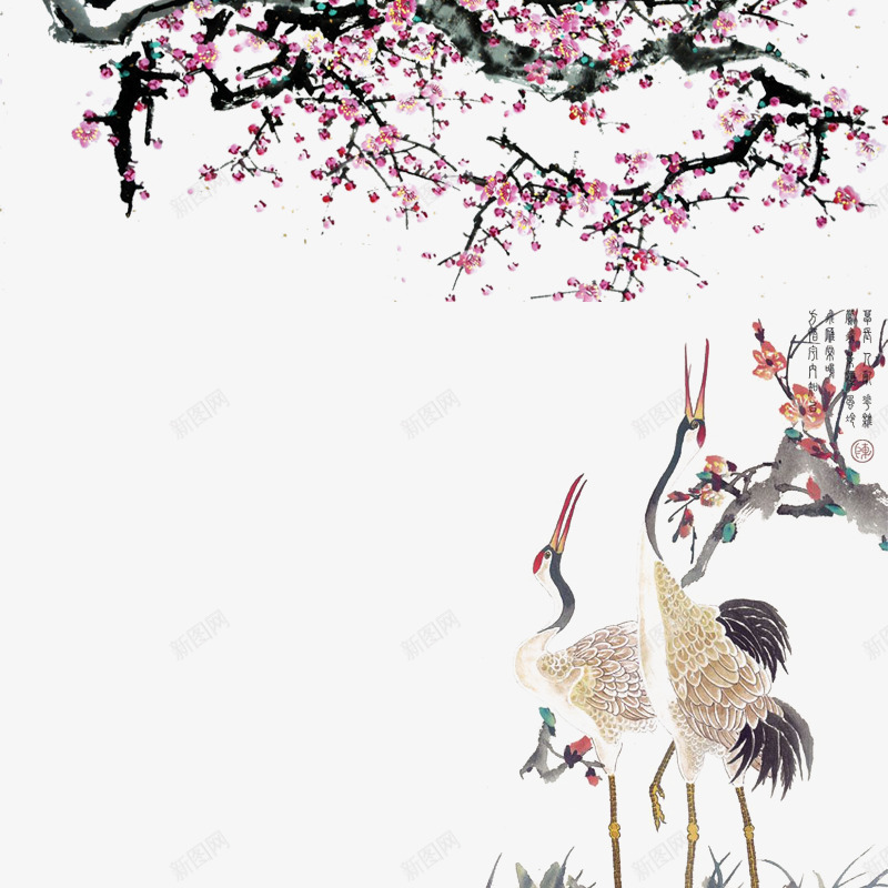 水墨桃花下的丹顶鹤png免抠素材_新图网 https://ixintu.com 中国风 中国风书封面 丹顶鹤 国画 封面装饰 水墨桃花 水墨画 花鸟画
