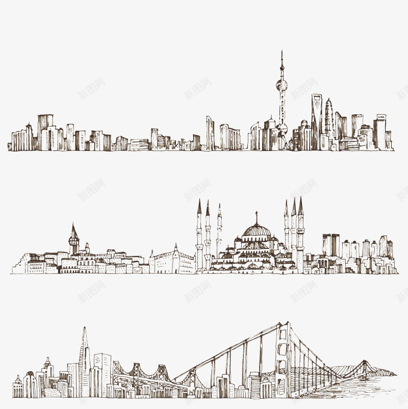 手绘城市风景bannerpng免抠素材_新图网 https://ixintu.com 上海 东方明珠 城市 城市现代上海 布鲁克林大桥 建筑 魅力城市