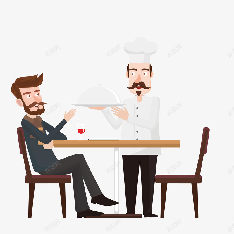创意餐厅用餐的男子和厨师矢量图ai免抠素材_新图网 https://ixintu.com 上菜 人物设计 厨师 扁平化 托着餐盘的厨师 用餐 男子 矢量图 餐厅