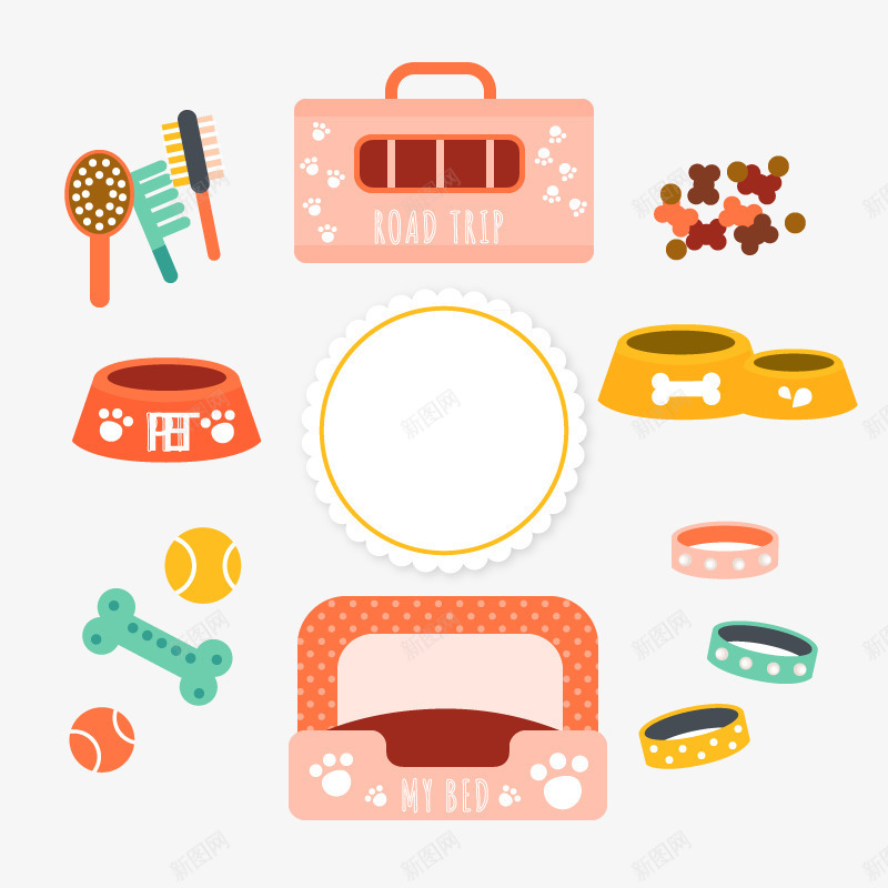 彩色宠物用品png免抠素材_新图网 https://ixintu.com 卡通 宠物用品矢量图 狗盆 狗粮 项圈