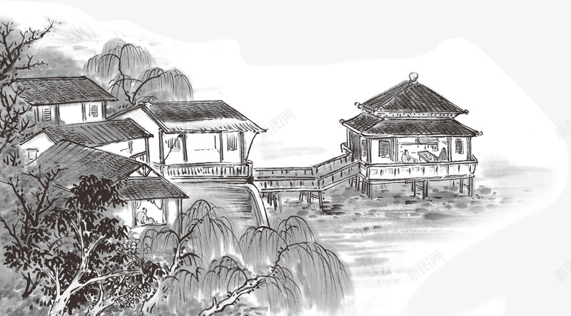 水墨画中的房子png免抠素材_新图网 https://ixintu.com 房子 水墨画