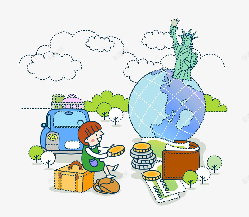 手绘旅行png免抠素材_新图网 https://ixintu.com 世界著名景点 手记 旅游 清新卡通 美国 自由女神像