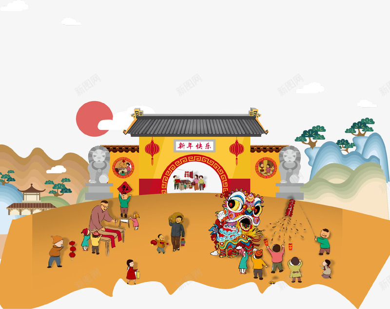 卡通新春集市海报psd免抠素材_新图网 https://ixintu.com 卡通 古代集市 市集手绘 年货 年货节 新年 新春 海报设计 赶集 过年 集市