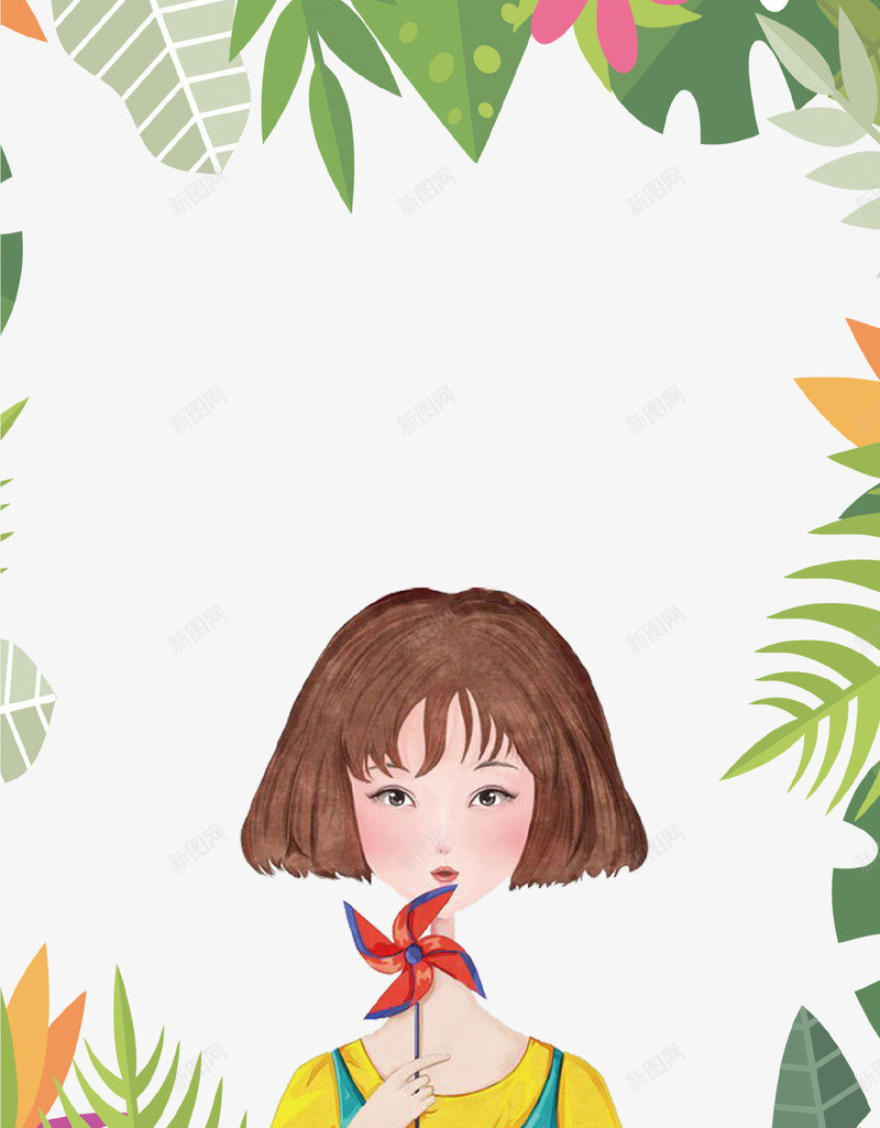 卡通手绘春季女孩插画png免抠素材_新图网 https://ixintu.com 卡通手绘 女孩 插画 春季 树叶 背景 边框