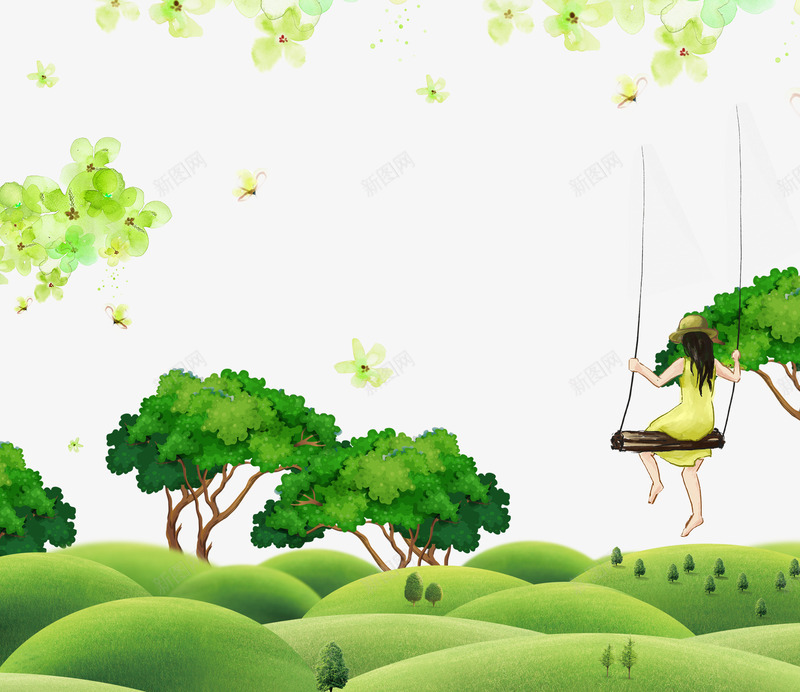 绿色清新手绘春季海报插画png免抠素材_新图网 https://ixintu.com 女孩 手绘 插画 春季 海报 秋千 绿色 草地