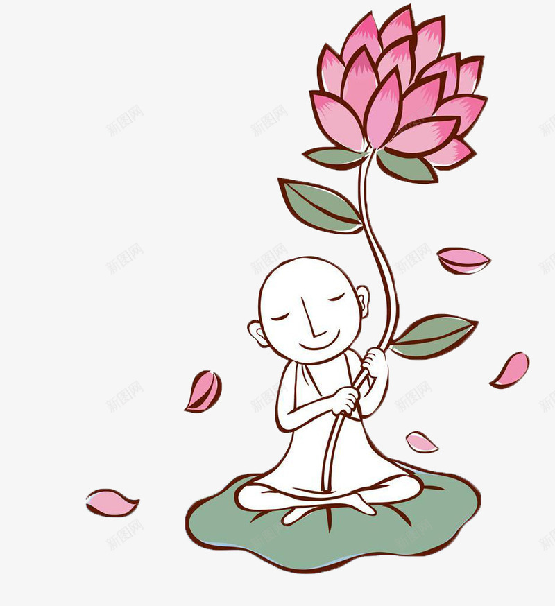 手拿莲花的小和尚png免抠素材_新图网 https://ixintu.com 光头小和尚 卡通 古代 小和尚 手拿 漫画造型 盘腿 荷叶 莲座 莲花